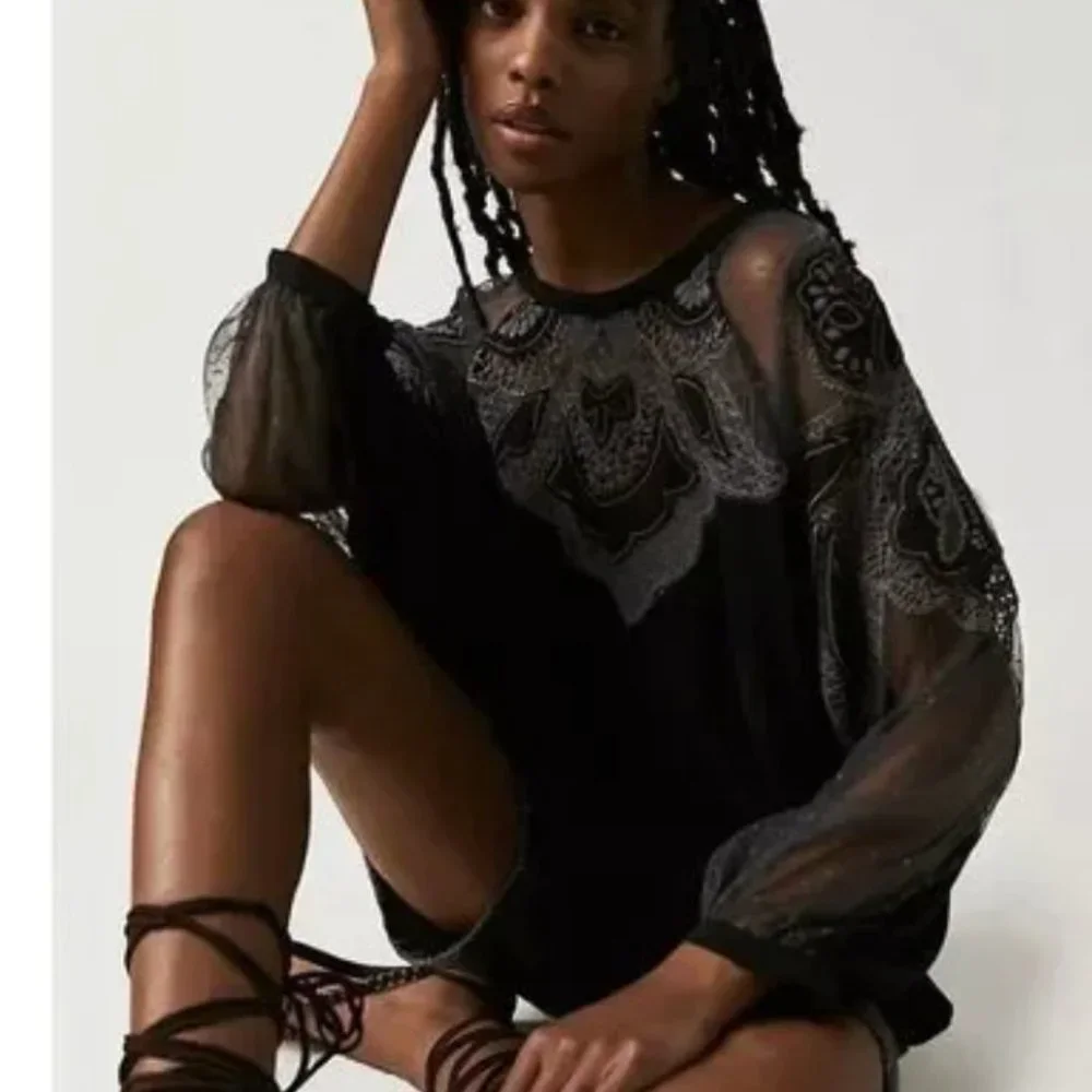 NEW Free People Toni Blouse  Black Mesh  Lace Trim Super Oversized